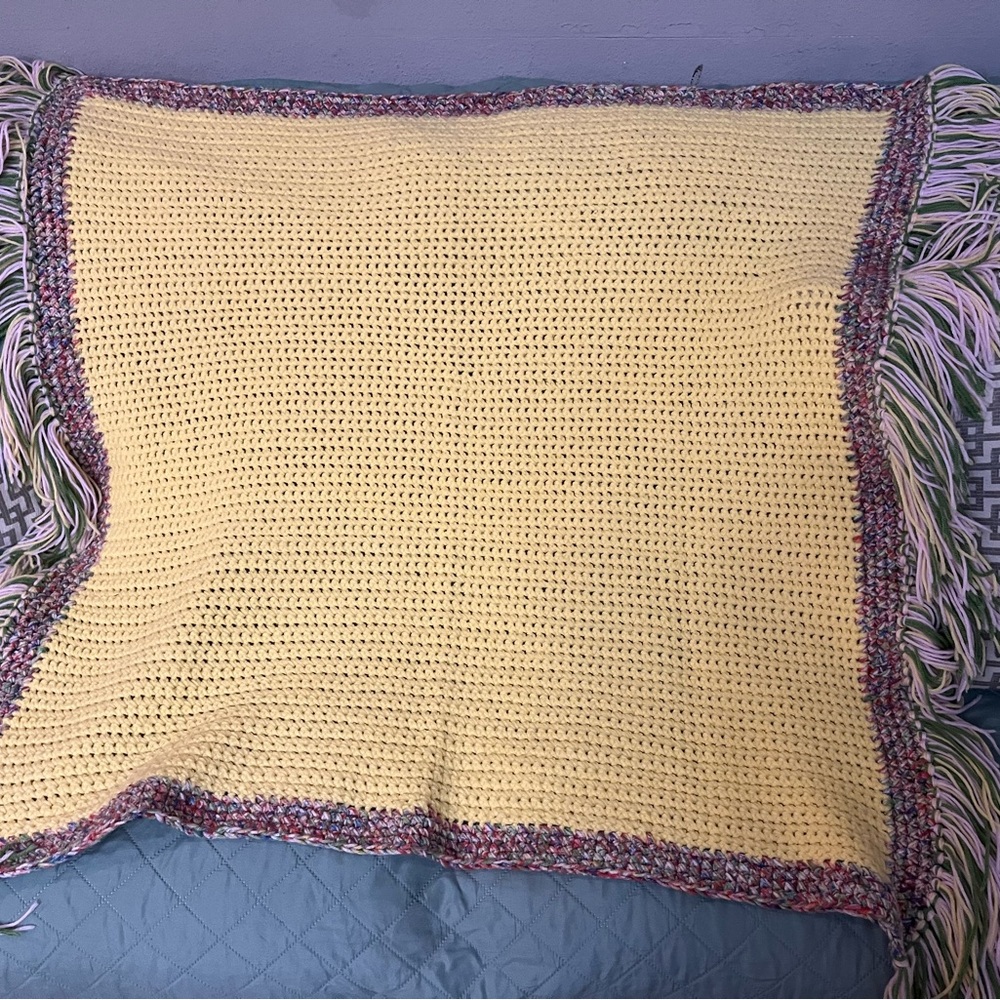 Handmade Yellow Crochet Blanket with Multicolor Border
